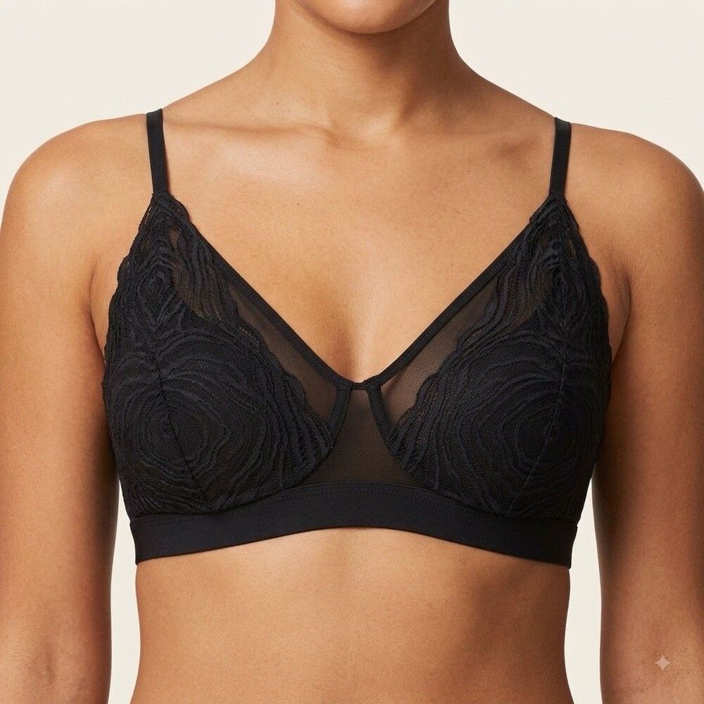Shecurve Bra 36D Underwire Unpadded Black Sheer Lace Adjustable Straps Bustier